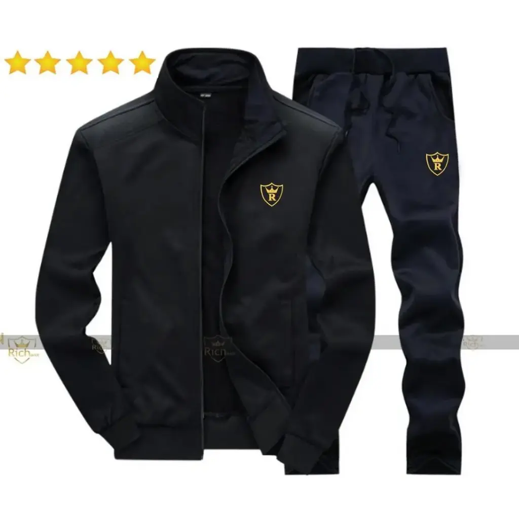 Men's Fleece Track Suit - 2 Pcs - Black - Plain  Collar Design